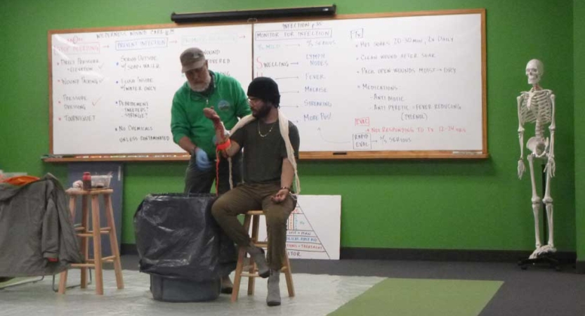 Two people at the front of a classroom demonstrate something as part of a wilderness first responder course. 